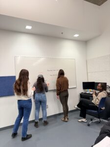 Group of students brainstorming on a whiteboard