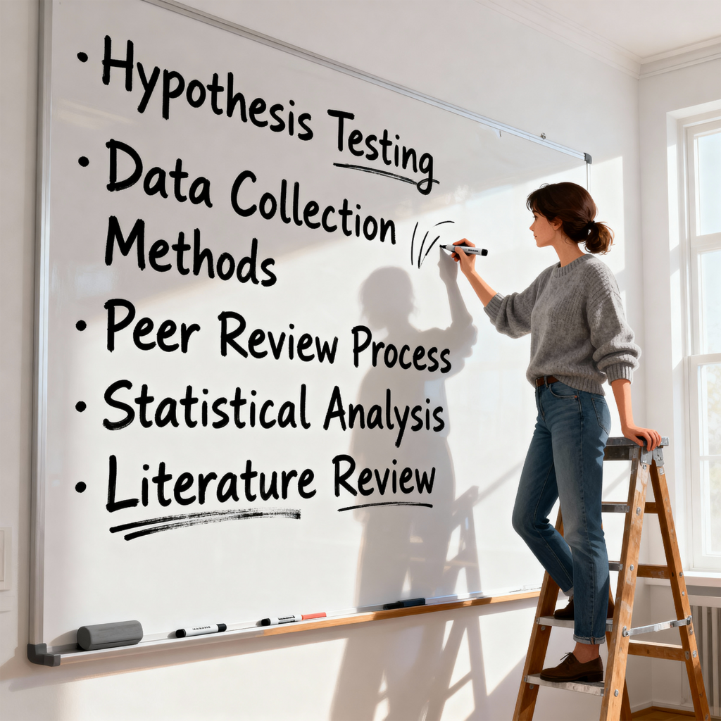 A woman standing on a step ladder writes research-related terms on a large whiteboard in a bright room. The board lists “Hypothesis Testing,” “Data Collection Methods,” “Peer Review Process,” “Statistical Analysis,” and “Literature Review.”